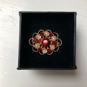 Mid-Century Garnet Pearl Gold Filagree 1950’s Brooch